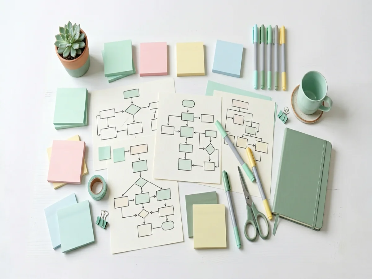 Arbeitsplatz mit Notizen, Marker und strukturiertem Entwurf eines Lernmoduls, 1200x900 Pixel