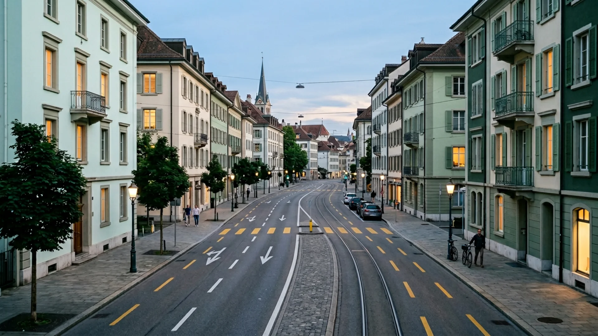 Abendliche Straßenszene mit klarem Fokus auf Verkehrsraum und Orientierung, 1920x1080 Pixel