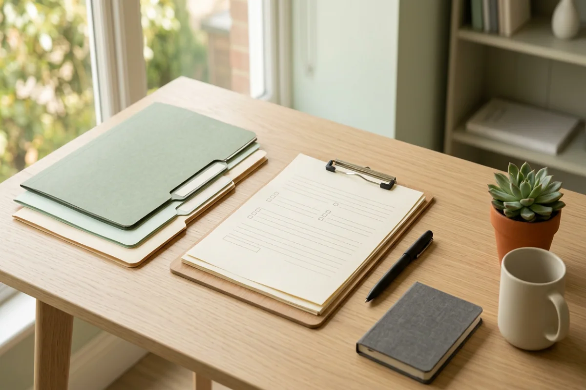 Übersicht Unterlagen und Checkliste zur Schadenmeldung auf dem Schreibtisch, 1200x800 Pixel